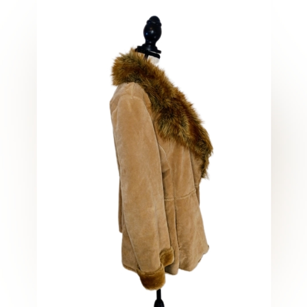 Vintage St. John's Bay 90s y2k Penny Lane Style Tan Leather Faux Fur Coat Size L - Picture 7 of 15